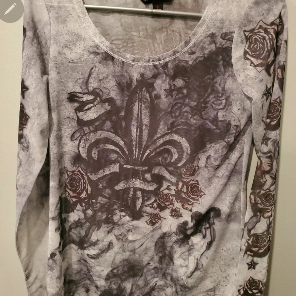 Rock & Republic Sheer Long Sleeve Graphic Shirt Size S